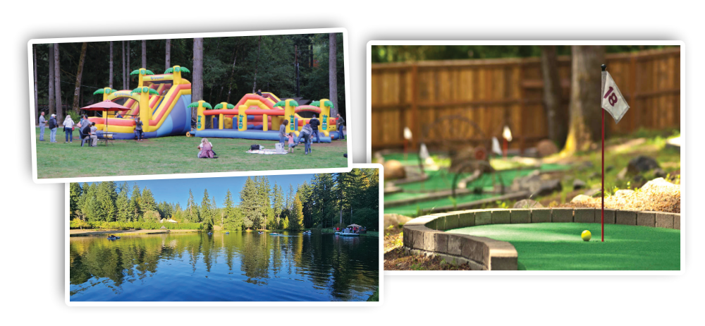 bounce house, golf, lake